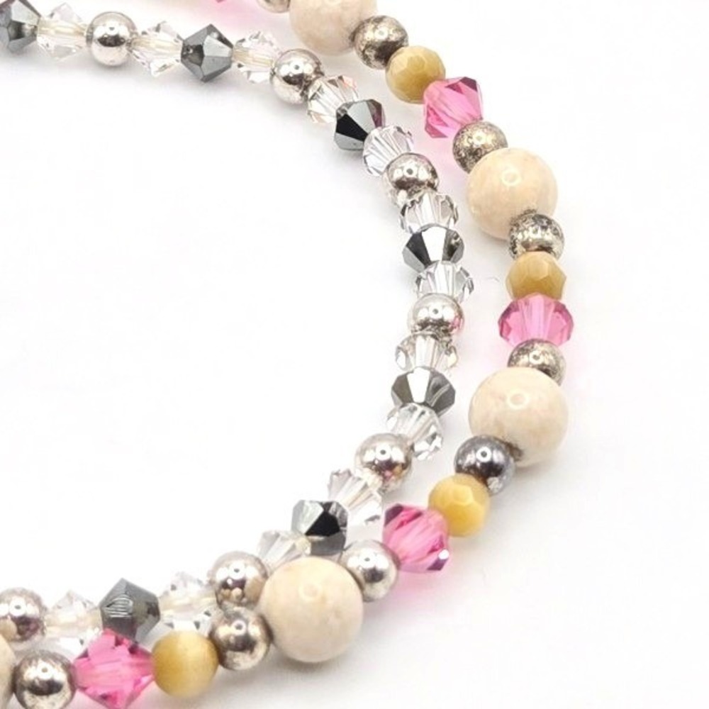 Beaded Stretch Bracelet Set 2pc Crystal‎ Gemstone Silver Tone Accents Handmade